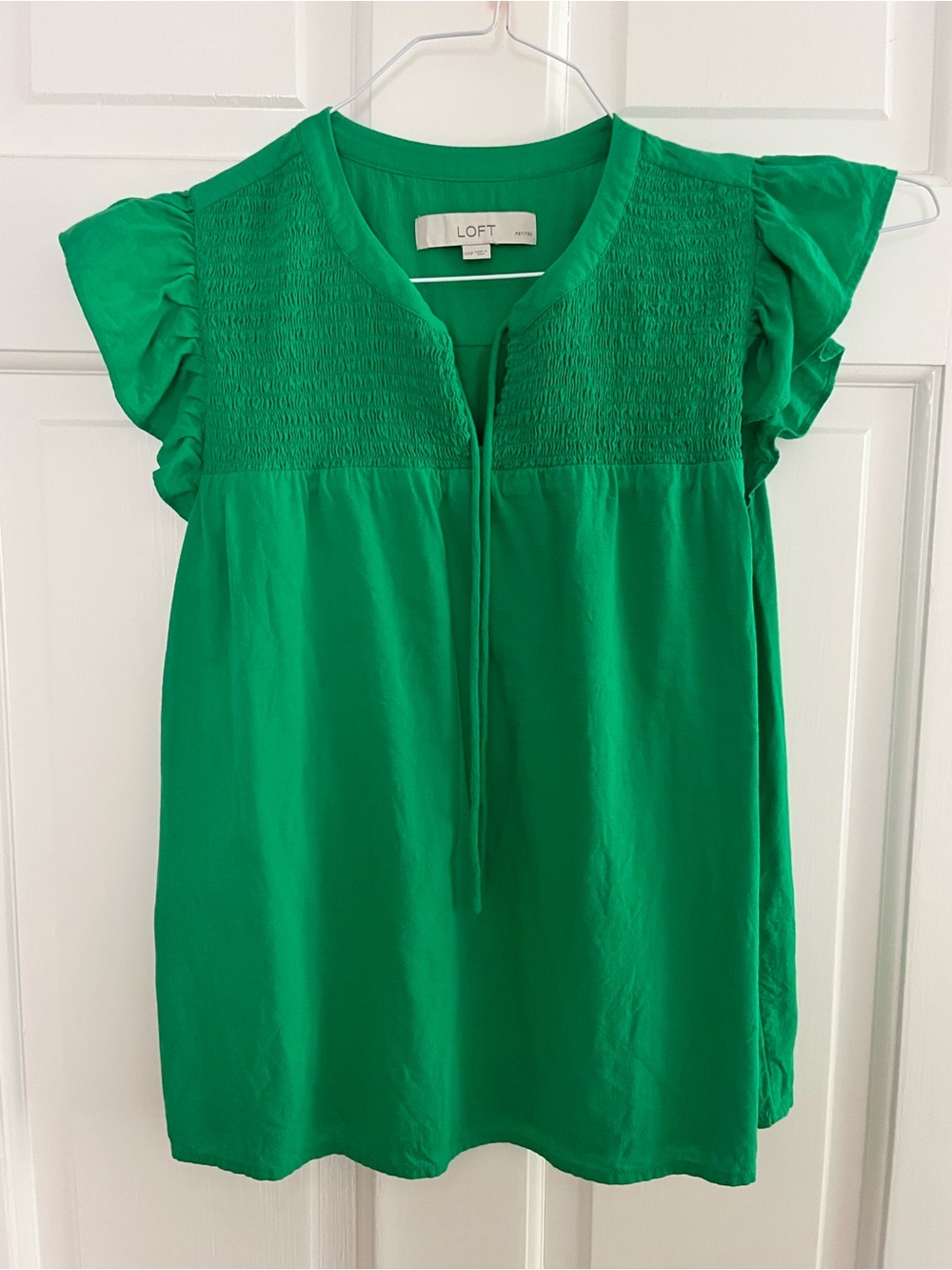 LOFT Green Smocked Yoke Tie-Front Flutter Sleeve Top